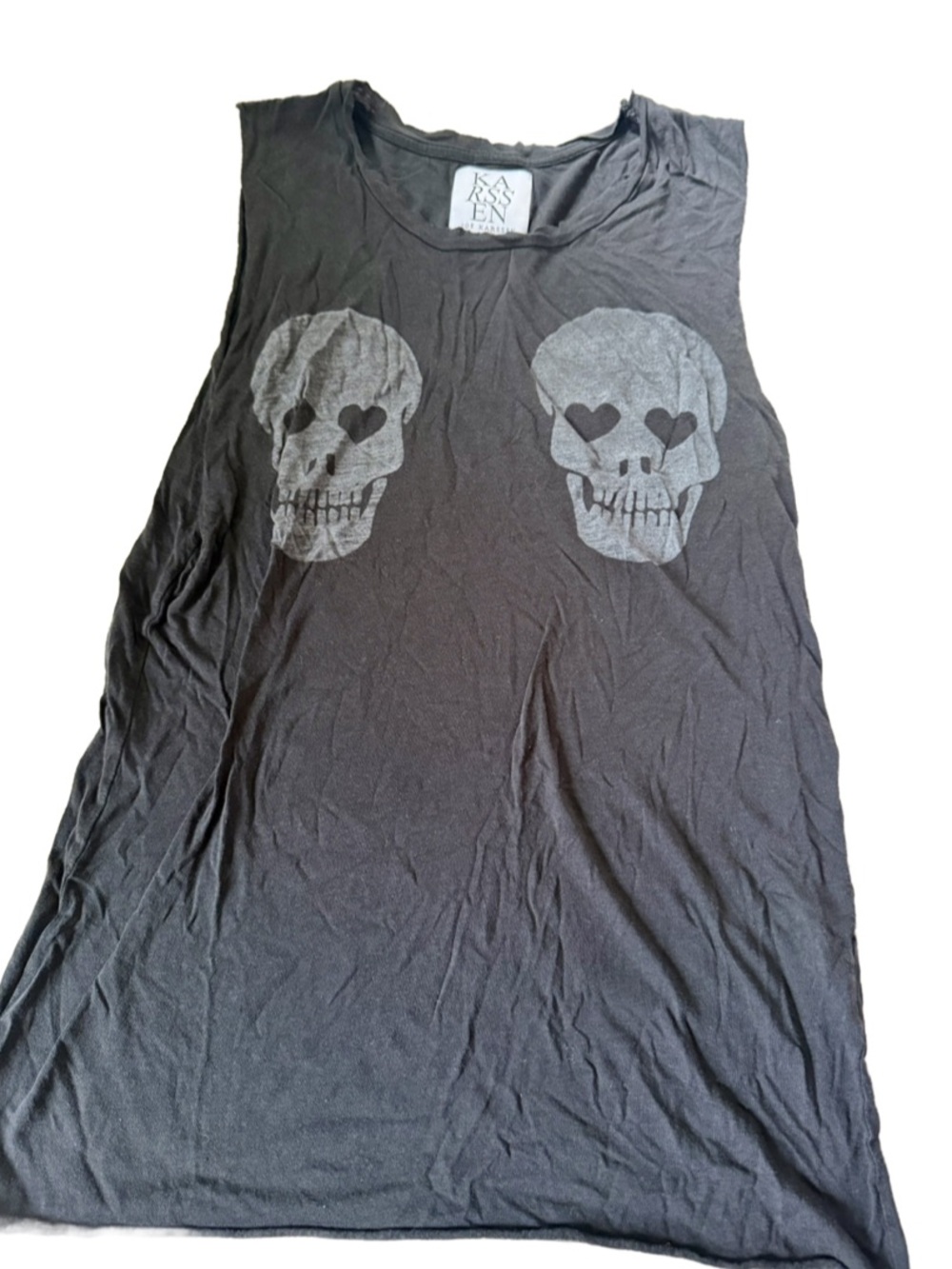 Zoe Karssen Black Tee with Gray Heart-Eye Skulls